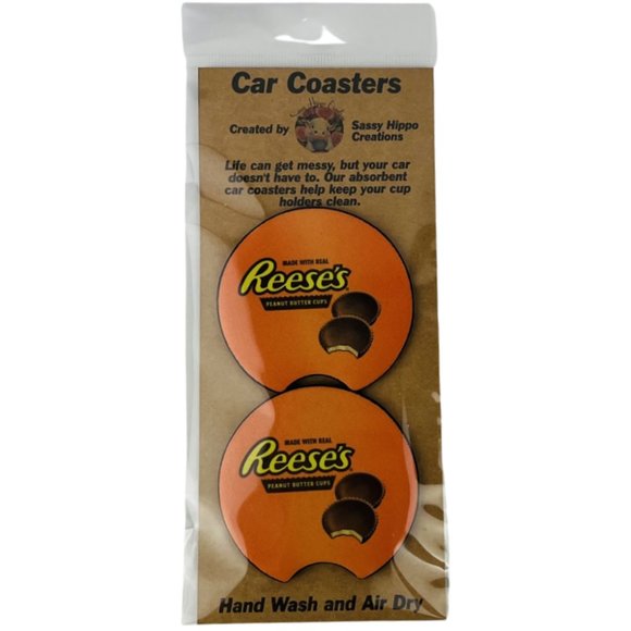 Car Coasters Reese's Peanut Butter Cups Chocolate Candy Snack Junk Food Set of 2 - Picture 1 of 9